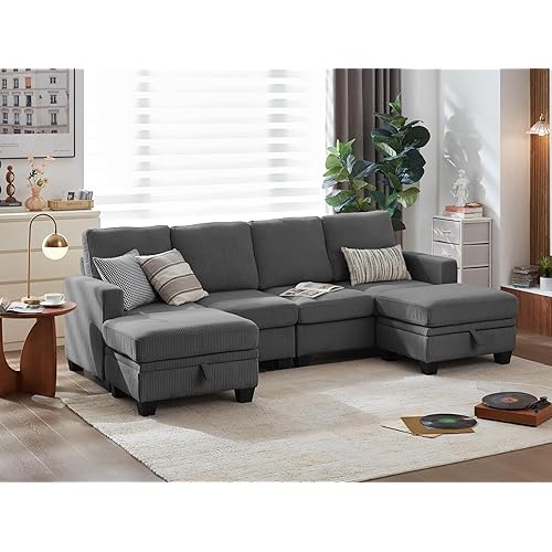CHIC HOUSE Corduroy Modular Sectional Couch with Ottoman Chaise, L/U Shaped Sleeper Sofa for Living Room, Apartment, Lounge, Modern Armrest Neck Support Furniture (6 Seater Sectional, Dark Grey)