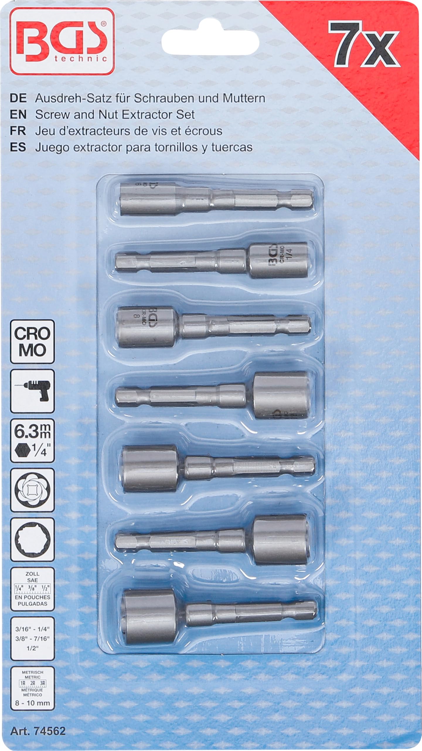 BGS 74562 | Jeu d’extracteurs de vis et écrous | entraînement six pans mâle 6,3 mm (1/4") | pour perceuses | 7 pcs.