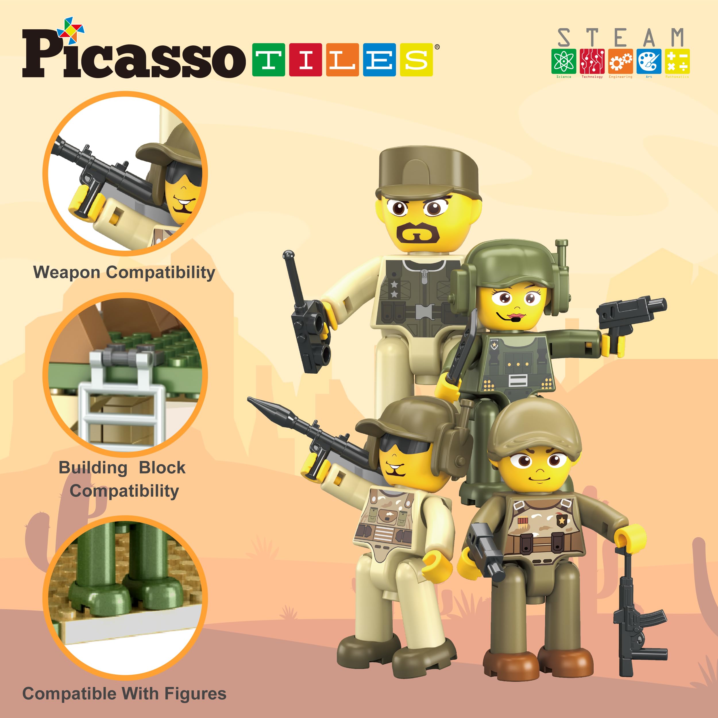 PicassoTiles Bloques de ladrillos de construcción de azulejos magnéticos con temática de fuerza de combate militar, juego de bloques de construcción, 4 figuras de acción de personajes con armas,