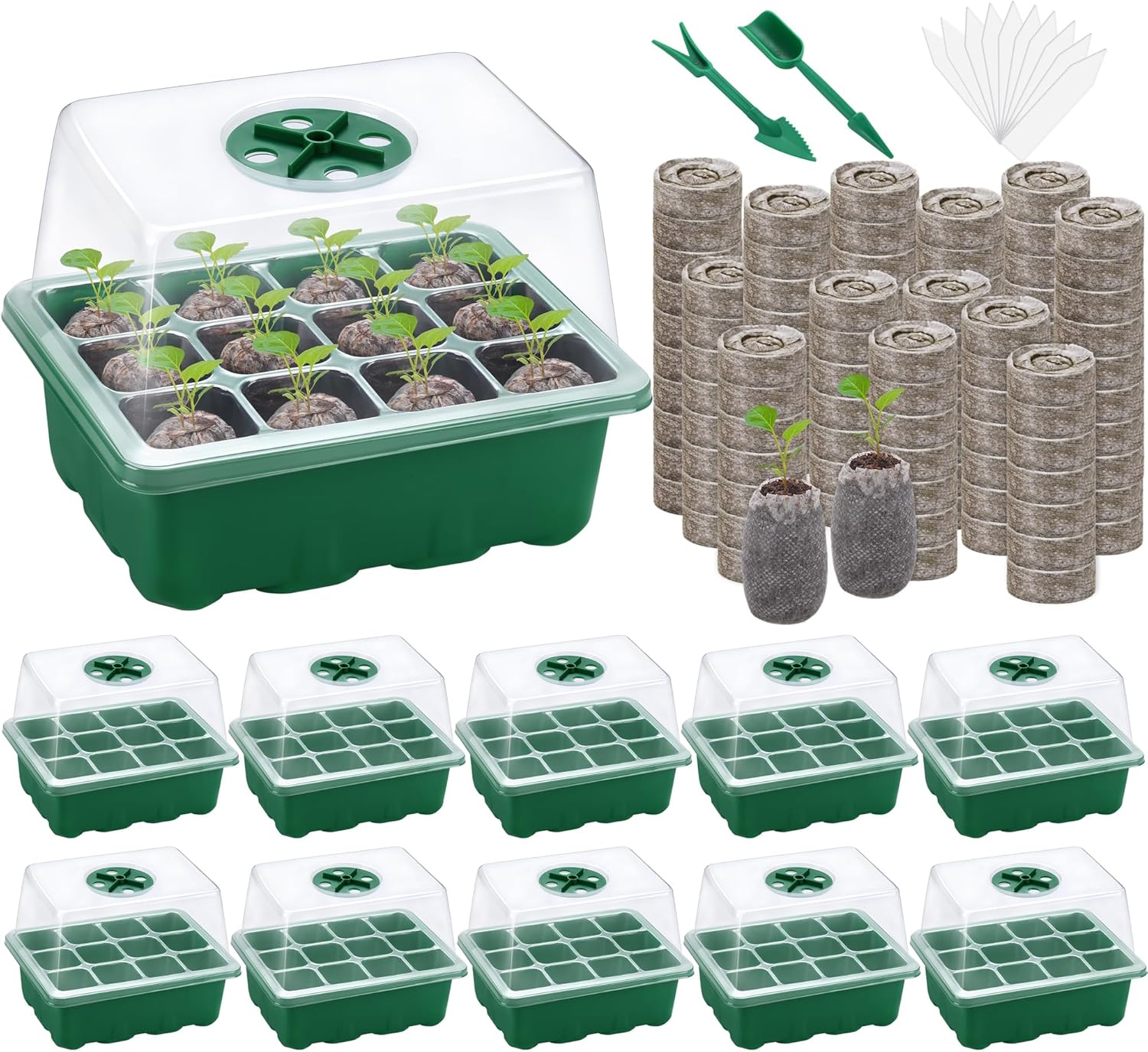 Hahood 10 Sets Seed Starter Tray Kit Seed Starter Trays with Humidity Dome and Base Include 120 Peat Pellets 200 Plant Labels Garden Tools Plant Germination Tray Set for Indoor Outdoor Planting, Green
