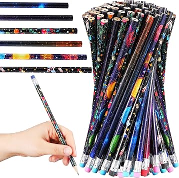 Geyee 36 Pcs Space Pencils Hawaiian Shark Themed Party Favors Assorted Novelty Fun Wood Writing Pencils with Erasers for Birthday Party Teacher SuppliesSpace