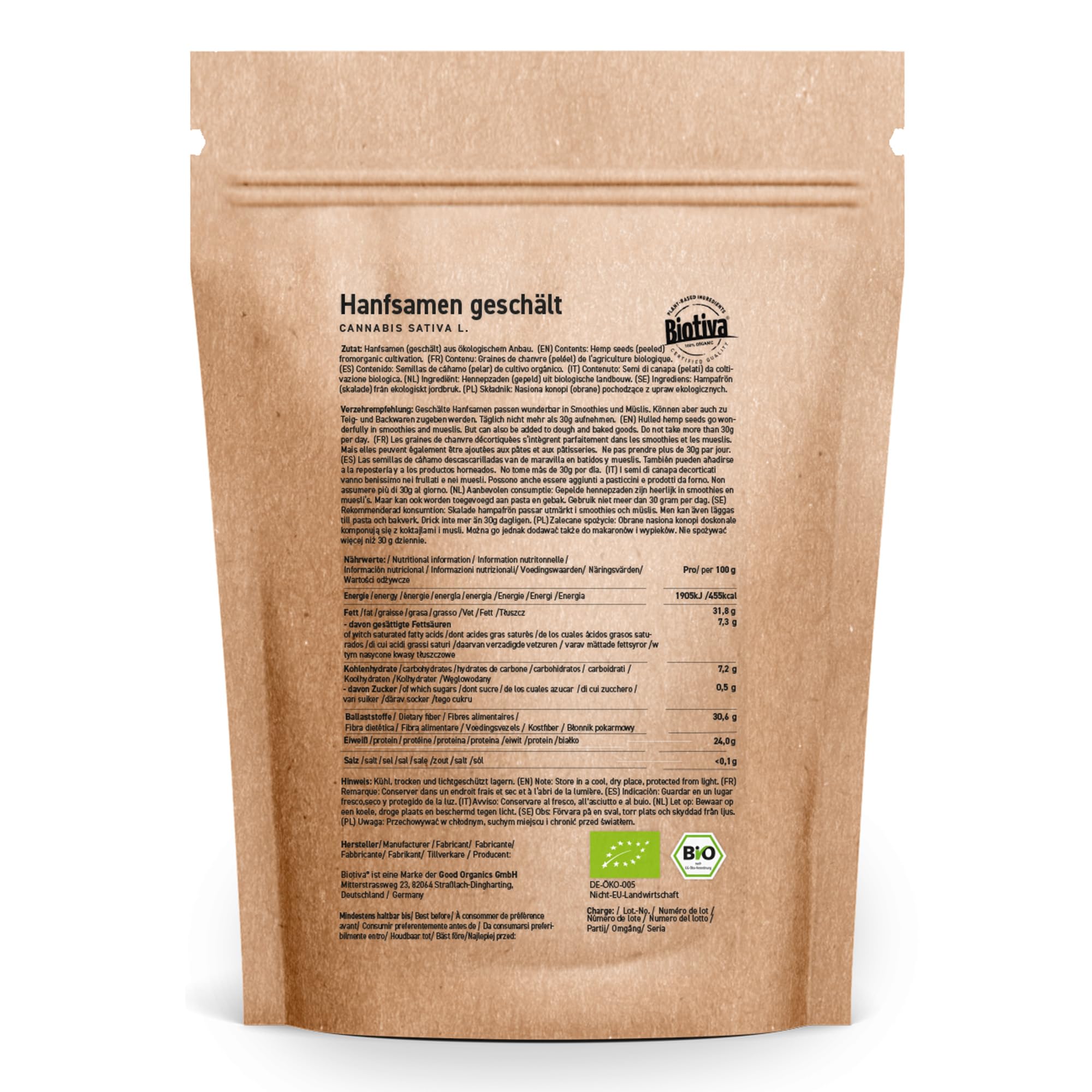 Biotiva Semillas de cáñamo orgánicas sin cáscara 1kg - 1000g value pack - Libre de gluten, soja y lactosa - Embotellado en Alemania (DE-ÖKO-005)