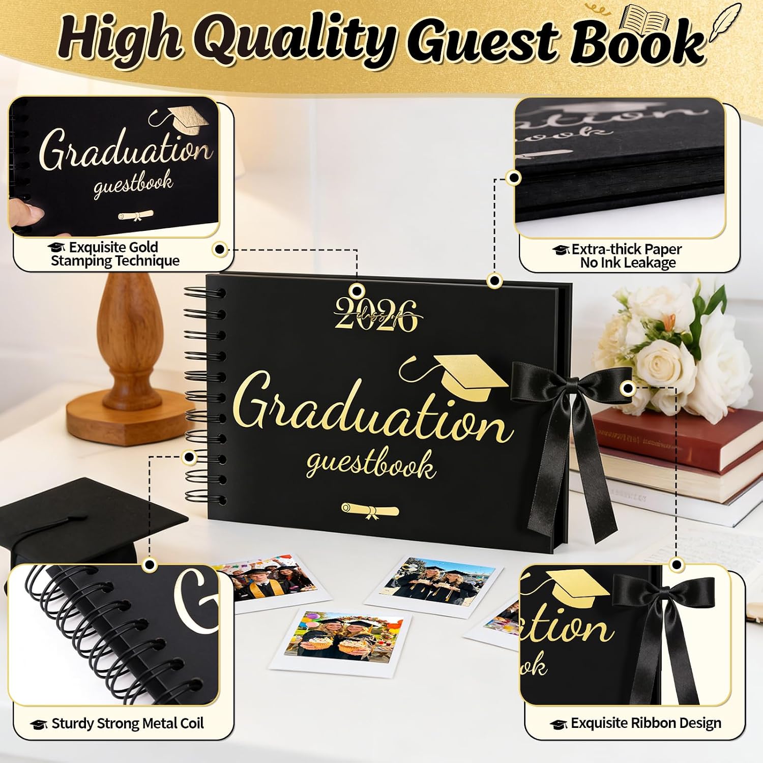 13 Pcs 2026 Graduation Guest Book Set, 30 Pages Scrapbook Photo Album with Photo Sign, 10 Dual Tip Metallic Markers Pens and DIY Matching Stickers for Grad Party Decorations Favors