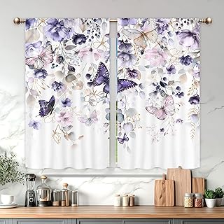 Purple Floral Flower Kitchen Curtains for Bedroom 27.5Wx39H Inch Rod Poc...