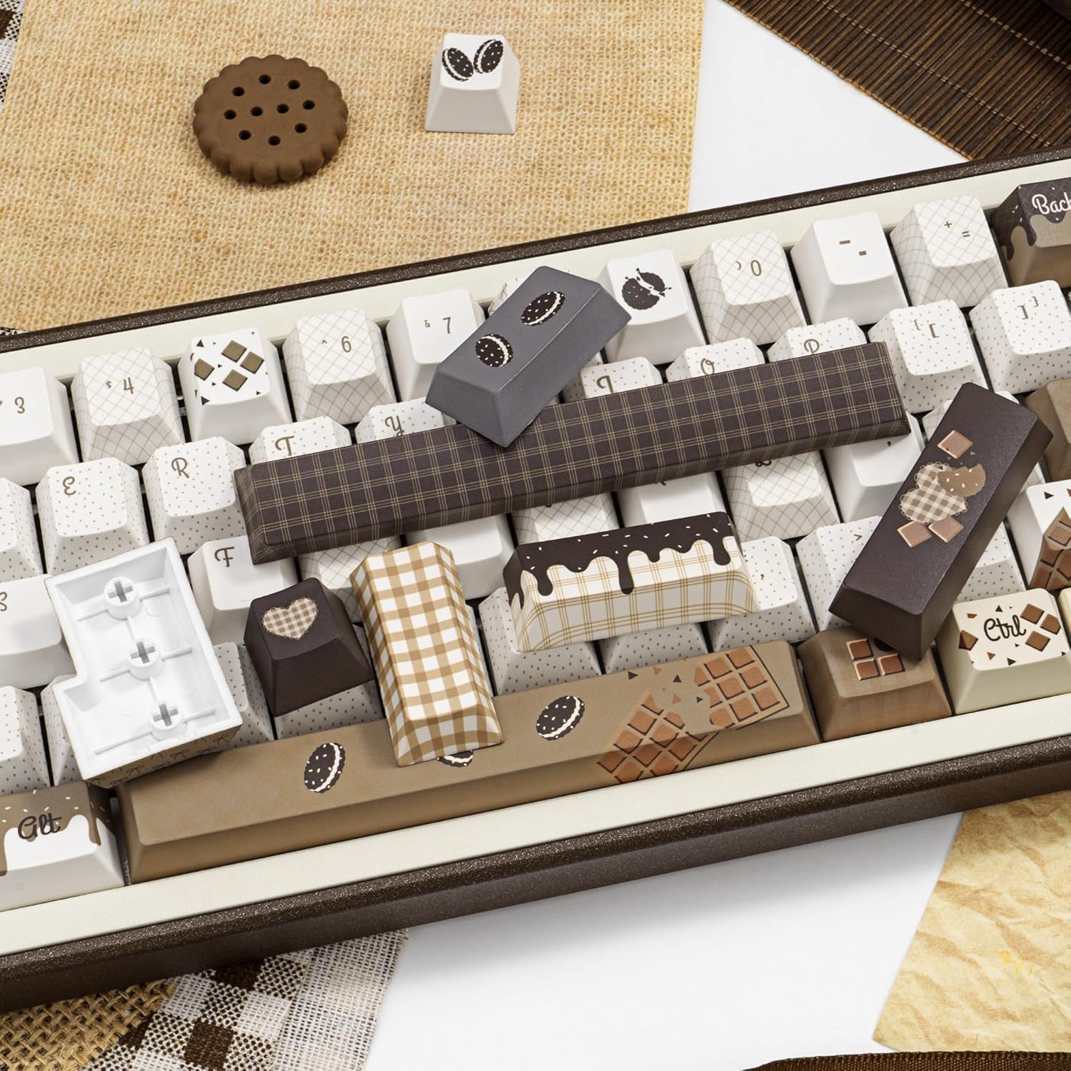 PBT Keycaps, Chocolate Cookie Theme Cherry Profile, 145 Keys Cute Custom Keycaps for Cherry Gateron MX Swithes Mechanical Keyboards (Brown)