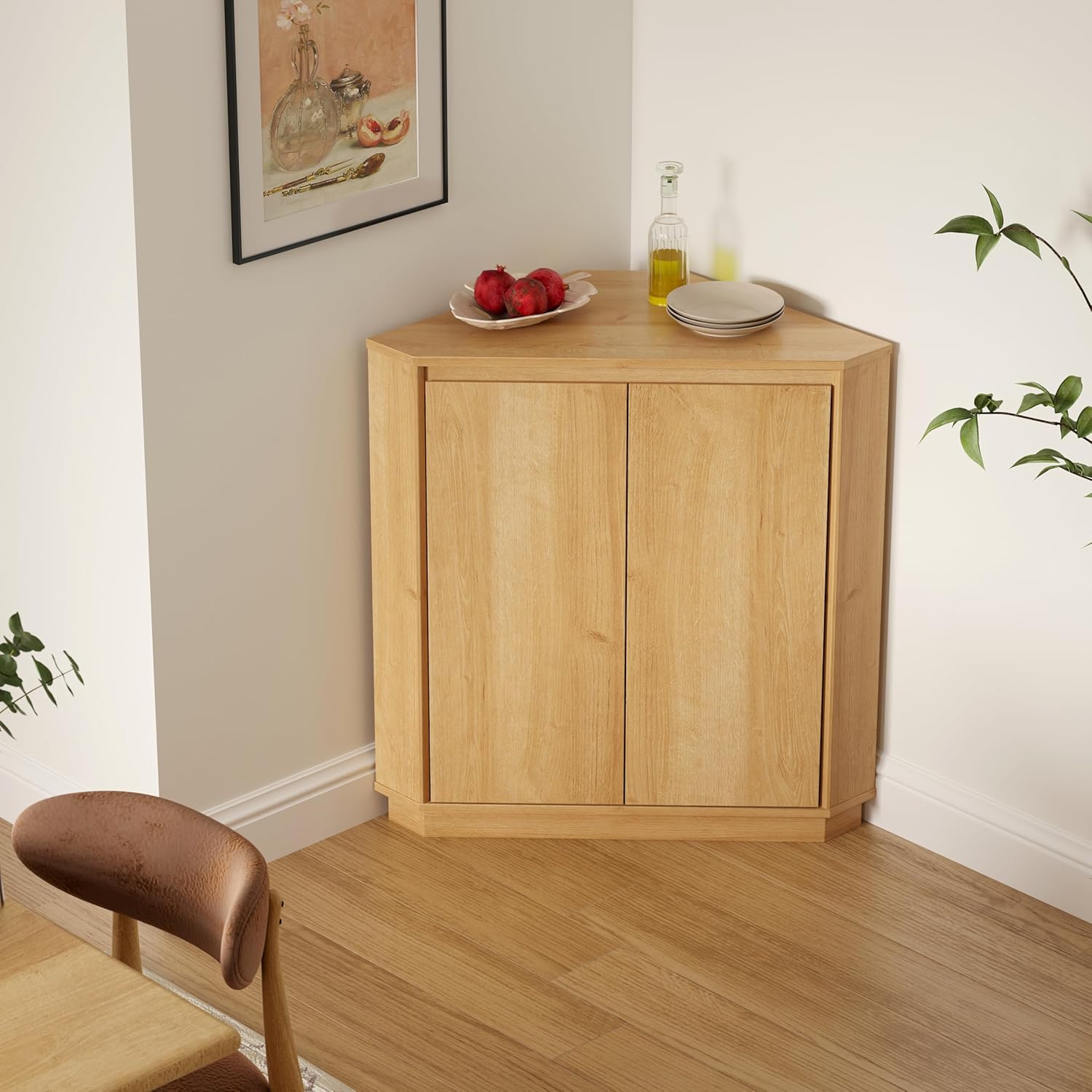 EYYTHUNG Corner Cabinet, Modern Handless Corner Floor Cabinet with 2 Doors and 2-Tier Shelves, Freestanding Narrow Organizer for Living Room Kitchen Bathroom, Natural Oak
