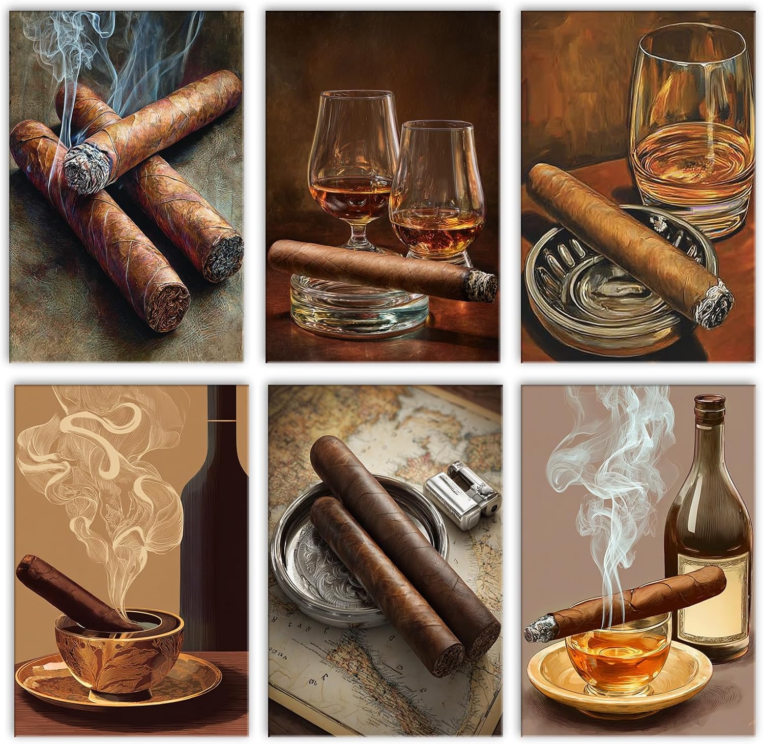 Aihonmin Cigar Whiskey 6 Pack Paint by Numbers for Adults Beginner Whiskey Cigarette Oil Painting Kits on Canvas with Brushes Acrylic Painting DIY Paintwork Home Decor Gifts 8x11.8 Inch (Frameless)