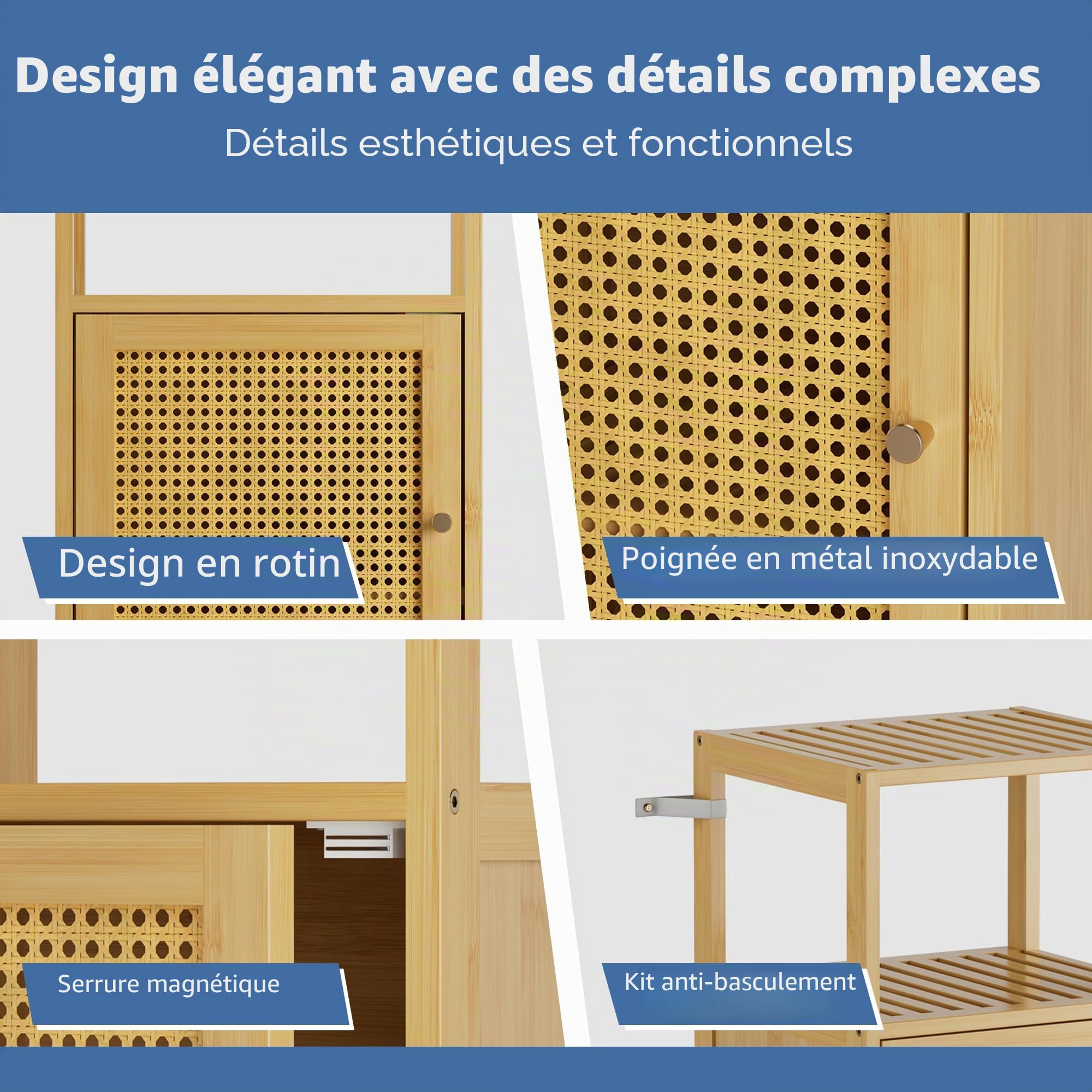 HITNET Armoire de Rangement en Rotin, Petit Meuble de Salle de Bain avec Porte, Armoire sur Pied en Bambou, Organisateur latéral étroit autoportant pour Salon, Cuisine, entrée, Naturel