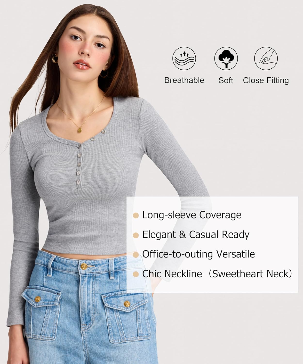 Women's Sweetheart Neck T Shirts Slim Fit Ribbed Henley Tee V-Neck with Buttons Trendy Crop Tops - Image 4