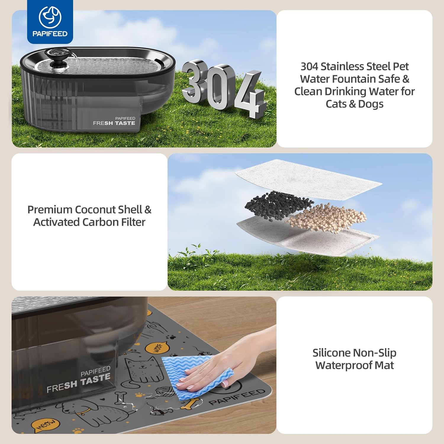 PAPIFEED 2.5L Stainless Steel Pet Water Fountain & 3L WiFi Automatic Pet Feeder, 360° Visible Tank, LED Light, Activated Carbon Filter, App Control, Timer, USB Powered for Cats Dogs