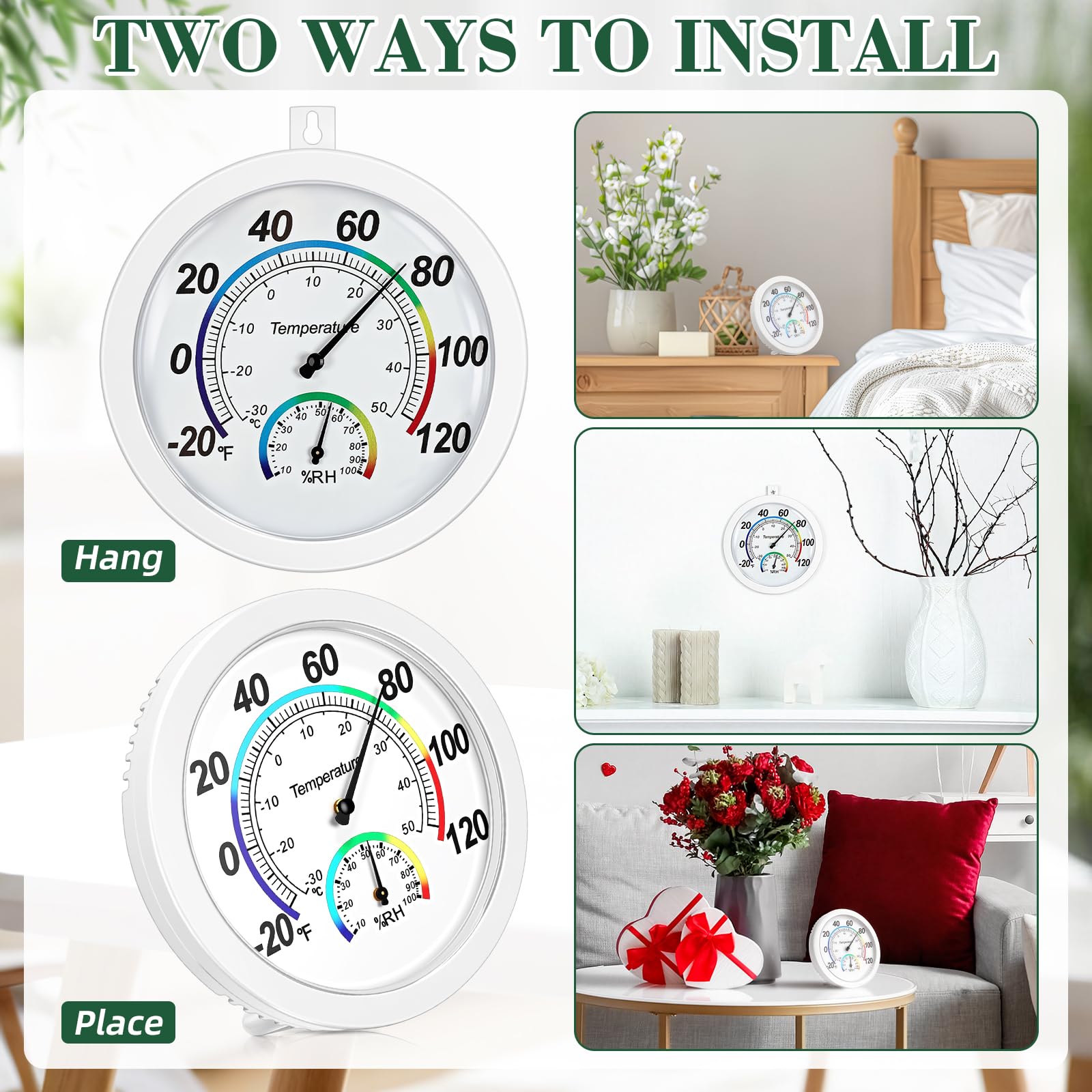 Weewooday 3 termometri 2 in 1 per interni ed esterni, mini igrometro per temperatura e umidità, monitor per casa, ufficio, parete (bianco, 15,2 cm)