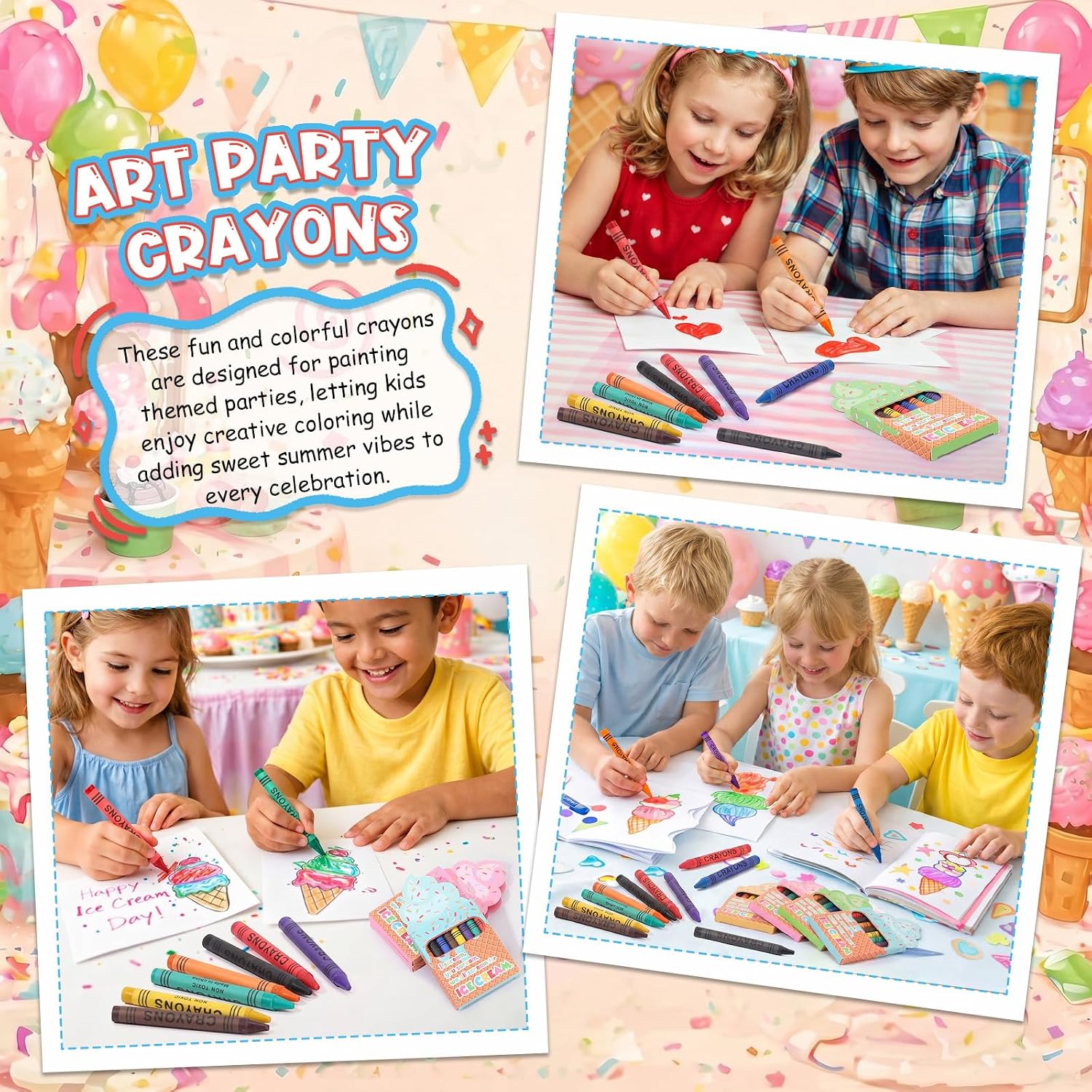 Flutesan 24 Packs/ 192 Pcs Ice Cream Party Favors Crayons Bulk Gifts for End of Years Gifts Graduation Summer Birthday Goodie Bag Fillers Stuffers, 8 Colors