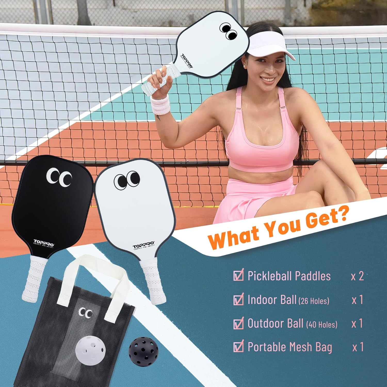 TOPPRO Pickleball Paddles Set of 2, Fiberglass Face, Polypropylene Honeycomb Core, Lightweight Pickleball Rackets 2 Pack
