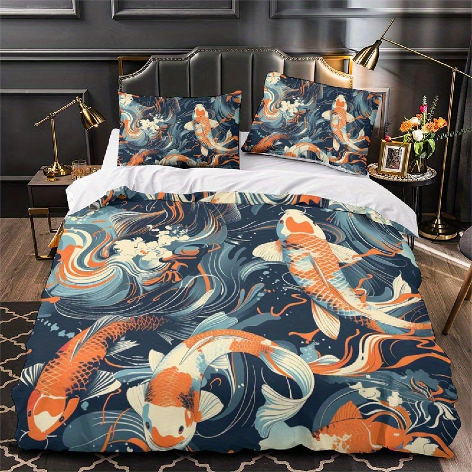 Housse de couette 90x200 avec taies d'oreiller 80x80 Koi Fish 3D