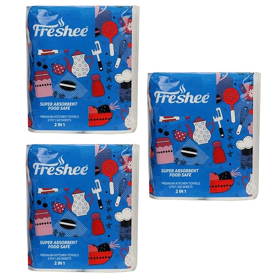 Freshee 60 Sheet 2 In 1 Kitchen Towel Tissue Paper Pack Of 3, Hygienic Fresh Environment Friendly Water Dissolvable Disposable Dry Tissue Roll Made With 100% Virgin Fibre