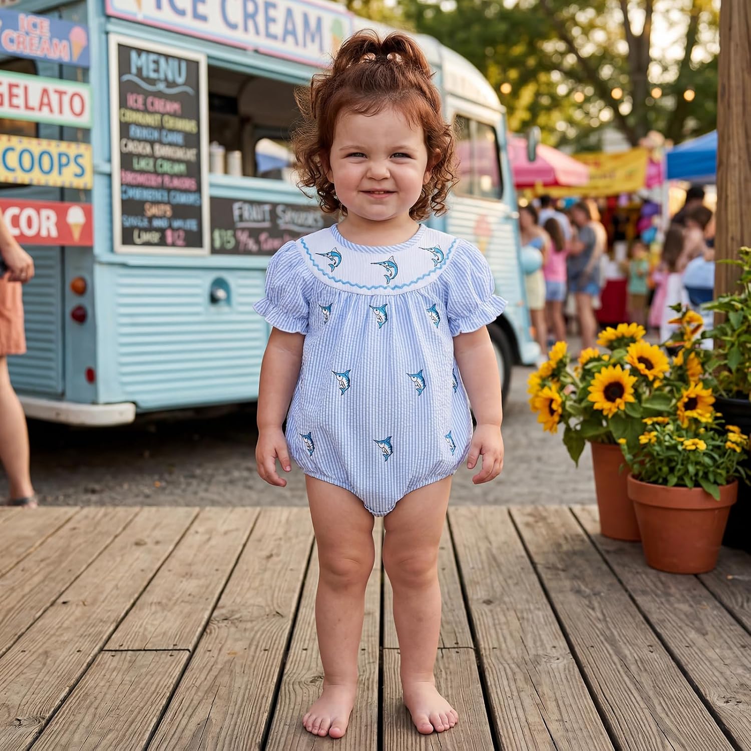 Newborn Infant Baby Girl Summer Outfit Swordfish Embroidery Striped Smocked Bubble Romper Short Sleeve Bodysuit image 4