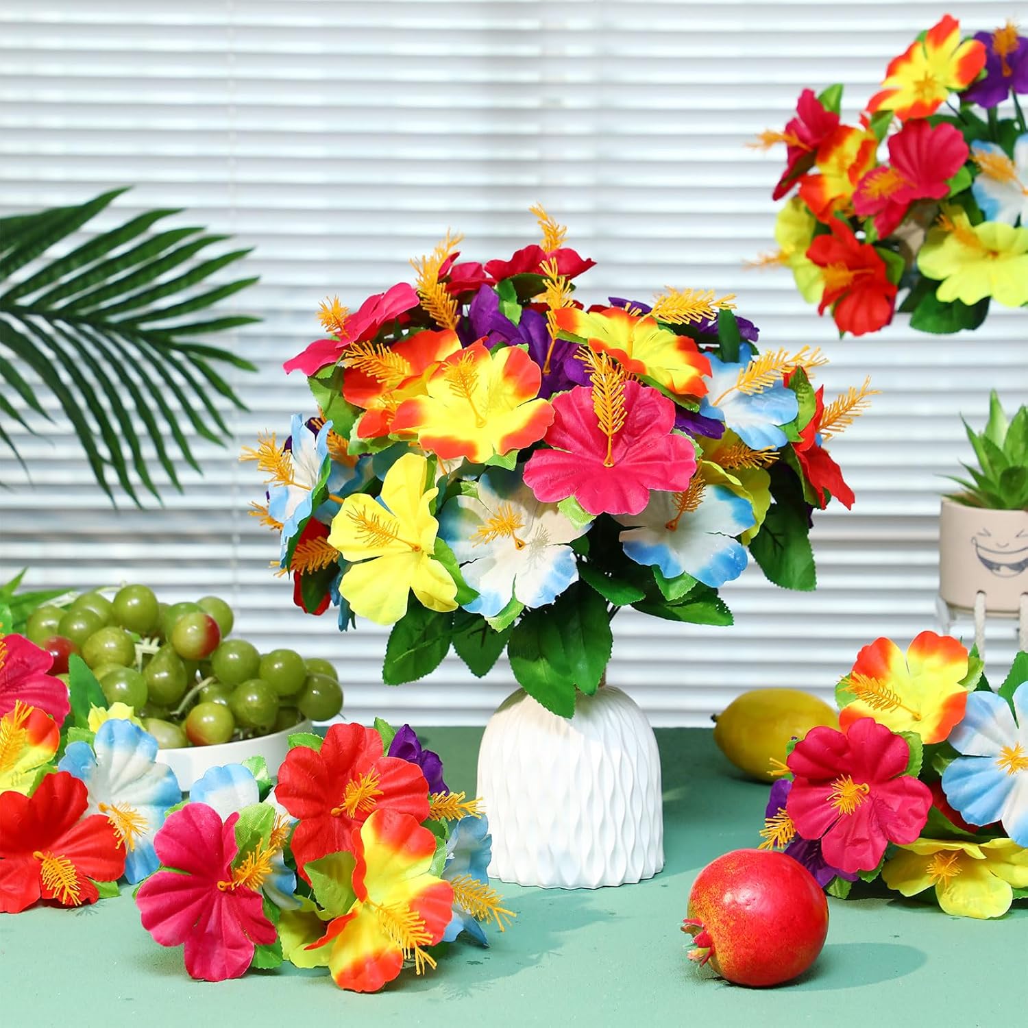 Hotop 24 Pcs Hawaiian Flower Bouquet for Tables Faux Hibiscus Flowers Bouquet Artificial Fake Tropical Flowers for Luau Summer Themed Party Favors Home Office Garden Decoration Supplies