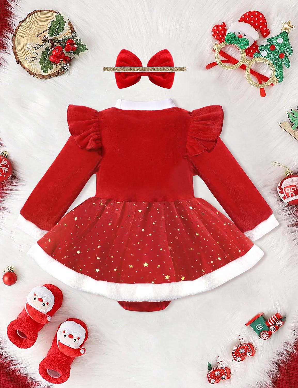 NAPU Baby Girl Christmas Outfit - Ruffle Long Sleeve My 1st Christmas Dress with Headband
