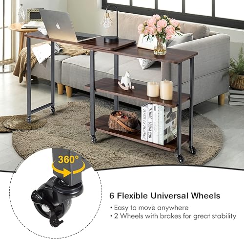 Miniatura 5 de GORELAX Mesa auxiliar giratoria de 360, mesa auxiliar móvil con estantes de almacenamiento de 2 niveles y marco de metal, escritorio de esquina para