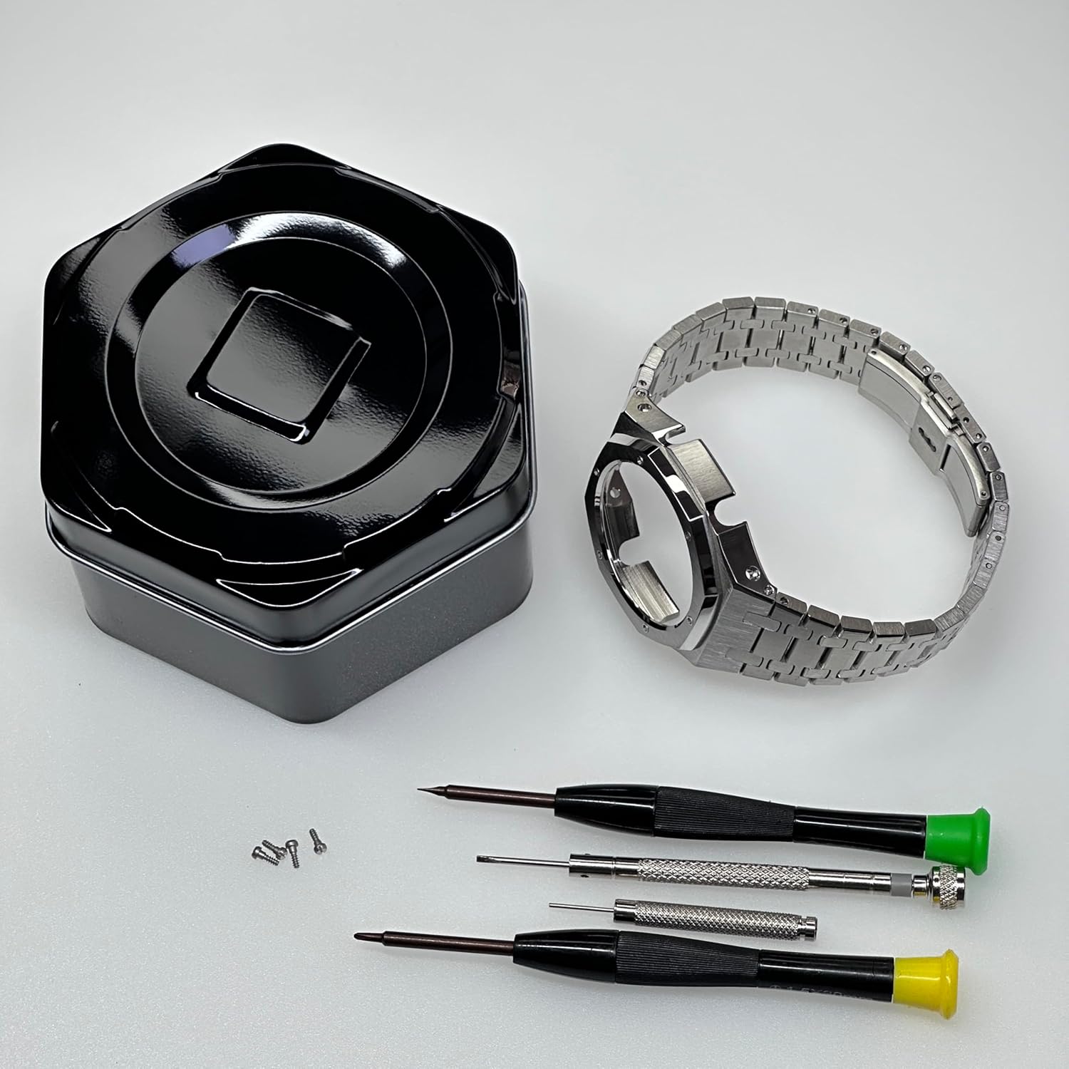 CasiOak Modification Kit – Compatible with Casio GA-2100/GA-B2100 – Full Metal Stainless Steel Bezel and Bracelet Set – Octagonal Design, DIY Upgrade Kit with Installation Tools
