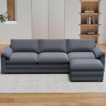 PUREMIND Cloud Couch Dupe with Movable Ottoman, Modular Sectional Sofa, Comfy Upholstered L Shaped Sofa, 3-Seat Couch for Living Room and Apartment