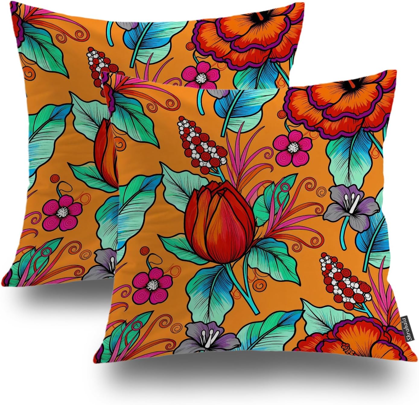 Shrahala Colorful Floral Decorative Pillow Covers,Colorful Flowers Pattern Floral Ethnic Indian Asian Cushion Case Sofa Bedroom Car Throw Pillow Covers Square 22 x 22 inches Red Orange, Set of 2