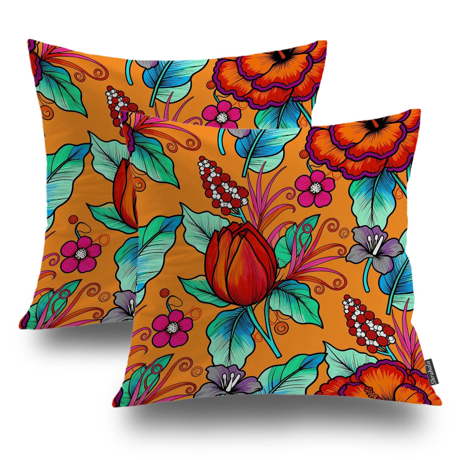 Taie d'oreiller de salon carrée et colorée motif floral orange en lot de 2