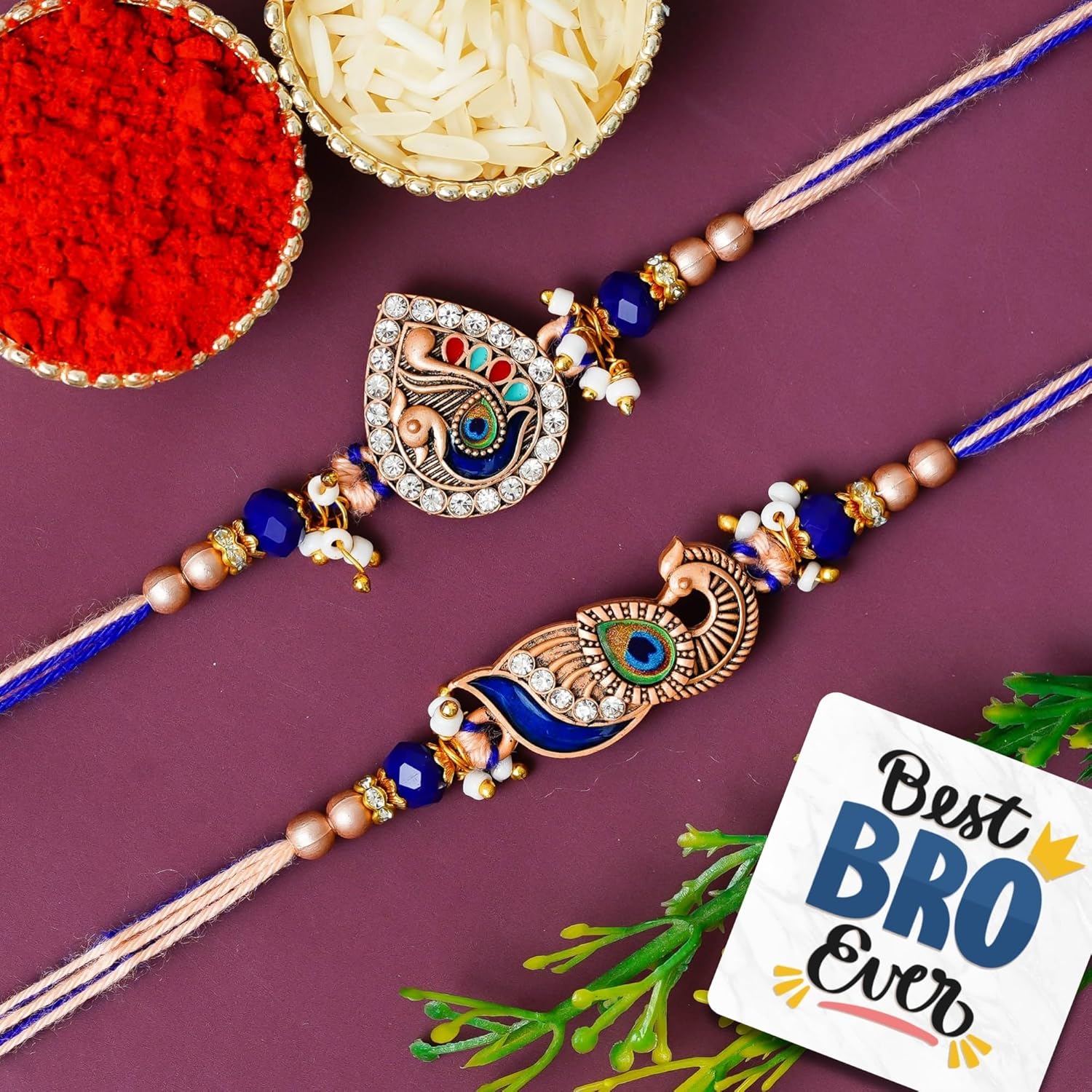 eCraftIndia Set of 2 Rakhis for Brother | Designer Peacock Rakhi Set for Bhaiya Bhabhi | Best Bro Ever Fridge Magnet | Roli Chawal Pack