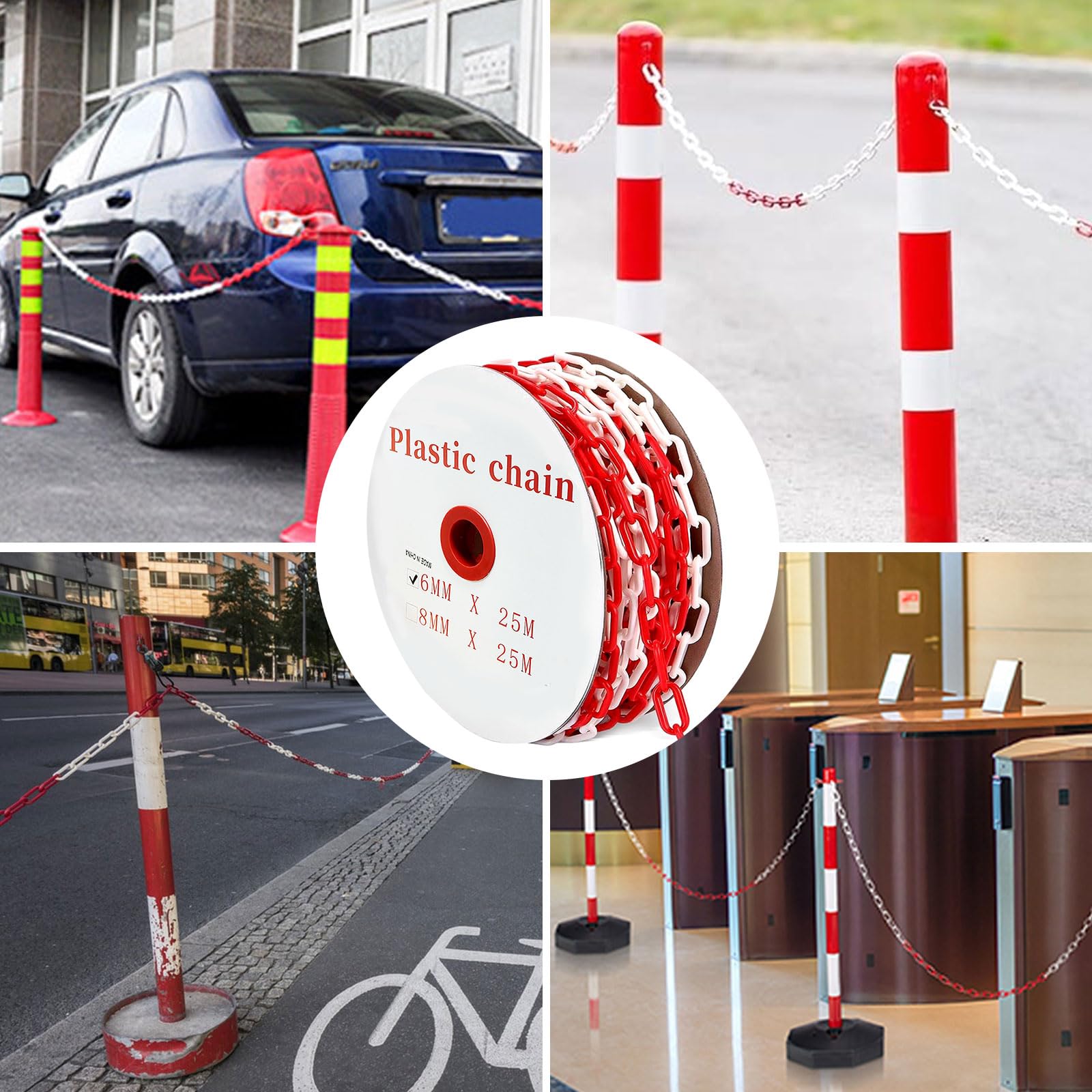 Cadena de seguridad roja y blanca 25 m 6 mm plástico con 4 mosquetones
