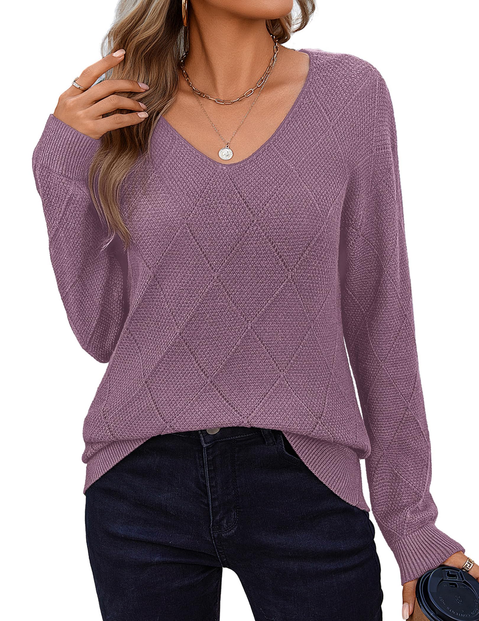 Zeagoo Womens Sweaters Fall 2026 Long Sleeve Knit Pullover V Neck Lightweight Crochet Sweater Tops Dressy Casual