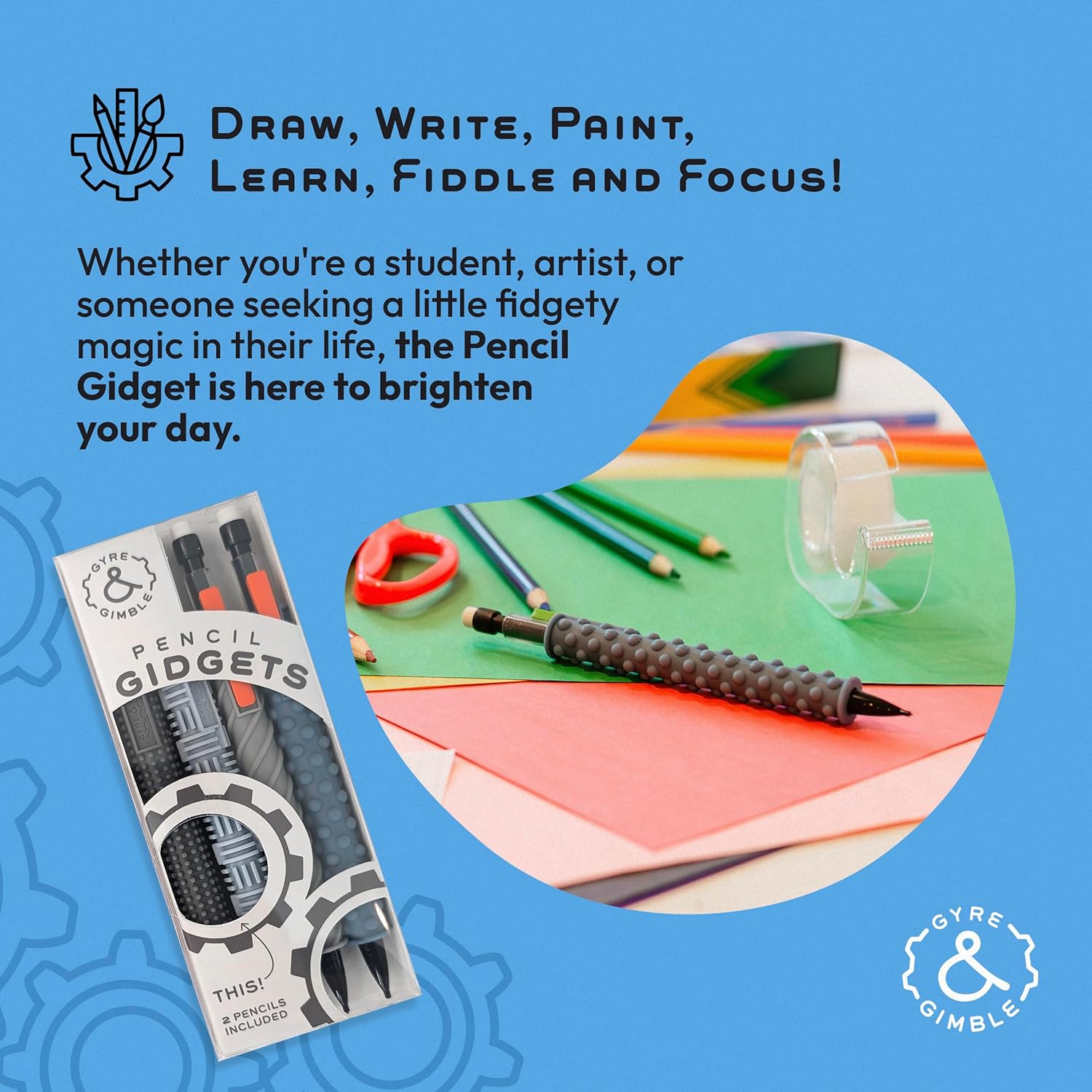 Gyre & Gimble Pencil Gidgets – Textured Silicone Pencil Sleeve for Quiet Fidgeting – Transform Your Mechanical Pencil into a Sensory ADHD Tool for Kids and Adults – 4 Sleeves & 2 Pencils - Gray - Image 7