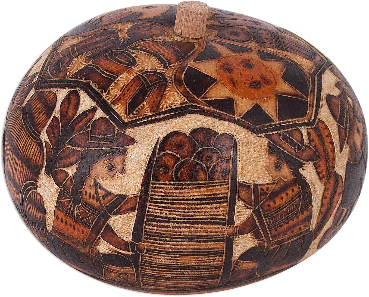 NOVICA Artisan Handcarved Gourd Decorative Box Andean Traditional Village Brown Peru Accessories Boxes Painted Cultural [2.8in H x 4.3in Diam.] ' Honoring Tradition'