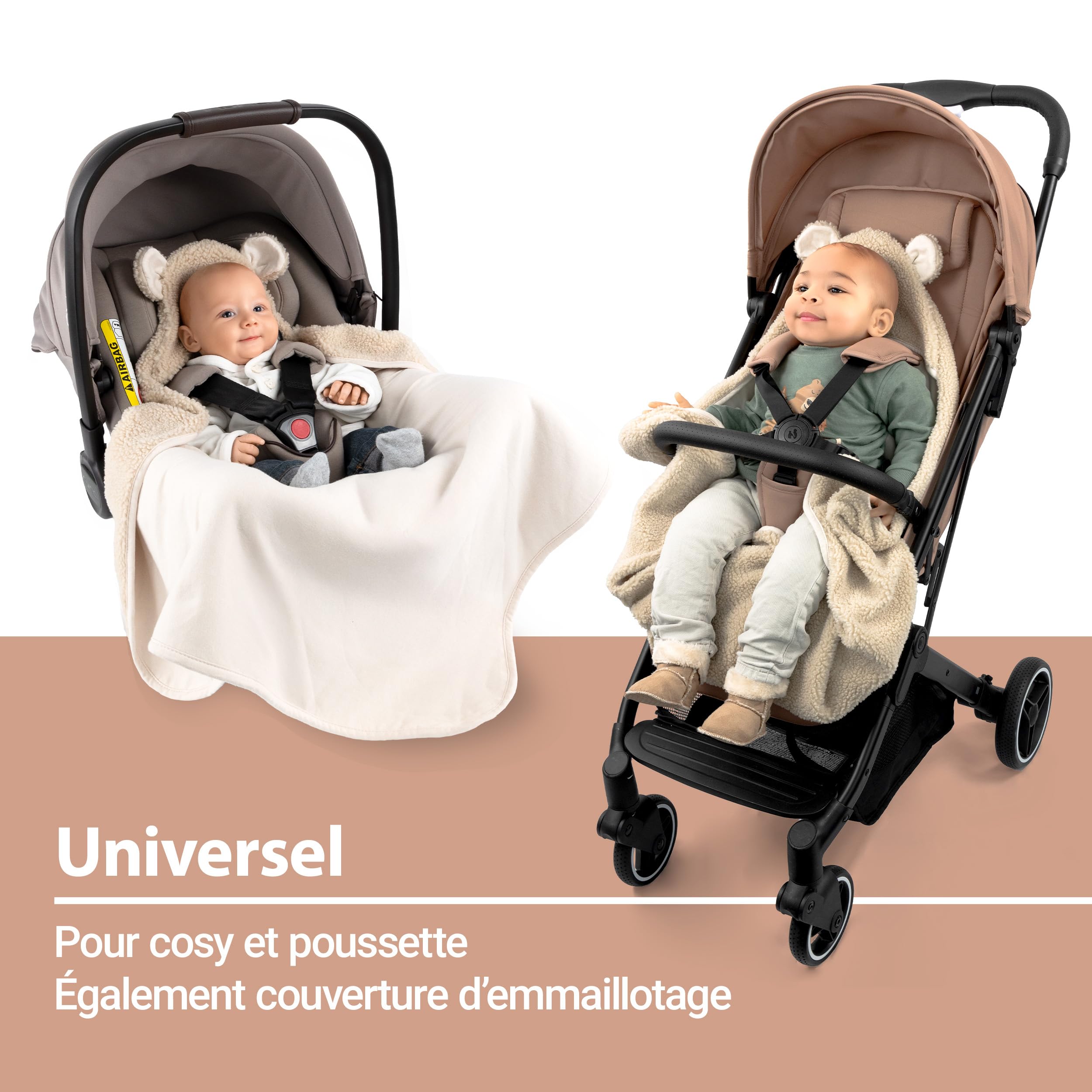 Zamboo Couverture Siege Auto Bebe en Polaire Peluche 80x80 cm – Plaid Bébé Enveloppant avec Fentes Harnais, Oeko-Tex – pour Siège-Auto, Cosy, Nacelle et Poussette – Teddy Beige