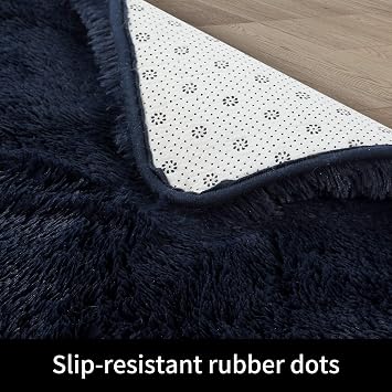 Fashionwu Fluffy Area Rug 9x12 Rug Faux Fur Non-Shedding Carpet for Bedroom, Soft Shaggy Rug Anti-Slip Floor Cover Fuzzy Rugs for Kids Playroom Classroom Dining Room Decor, Navy, 9 x 12