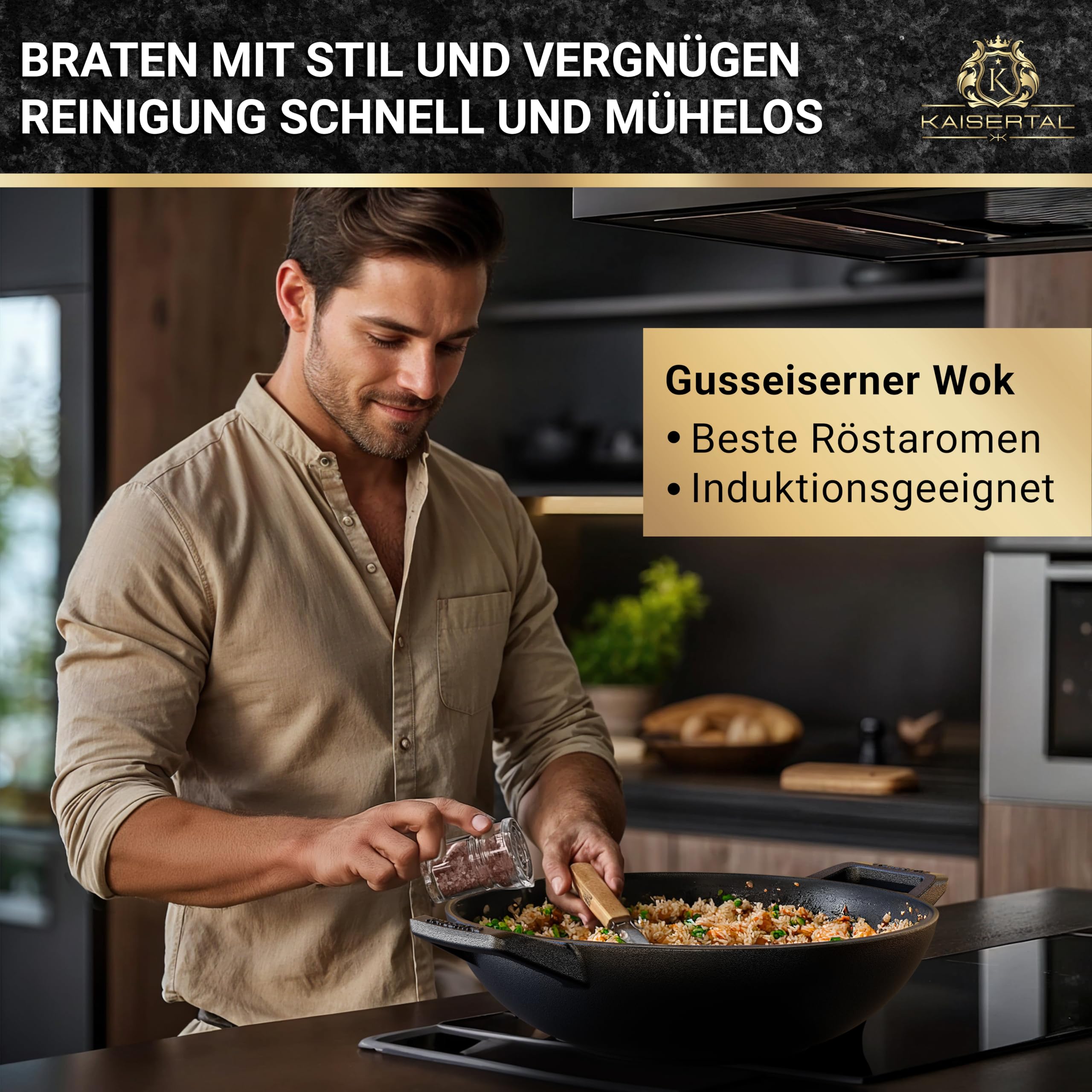 Kaisertal® Sartén wok de hierro fundido para inducción, 32 cm de diámetro, sin tapa, wok con base plana y tapa de cristal, apta para horno, incluye cepillo de limpieza