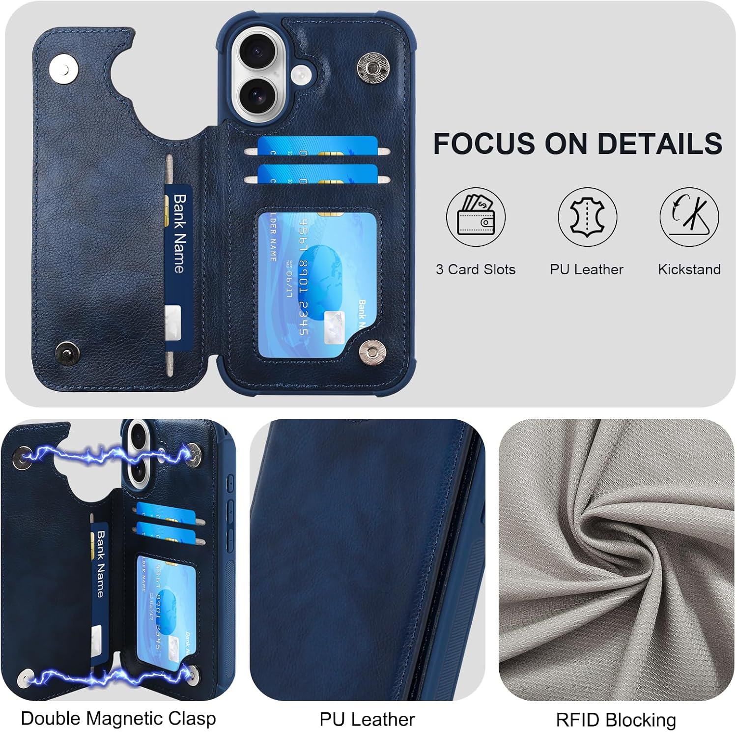 VANAVAGY Compatible for iPhone 16 Plus Wallet Case with RFID Blocking Card Holder, PU Leather Flip Cover Card Slots Magnetic Clasp Kickstand Case with Screen Camera Protector,Navy Blue