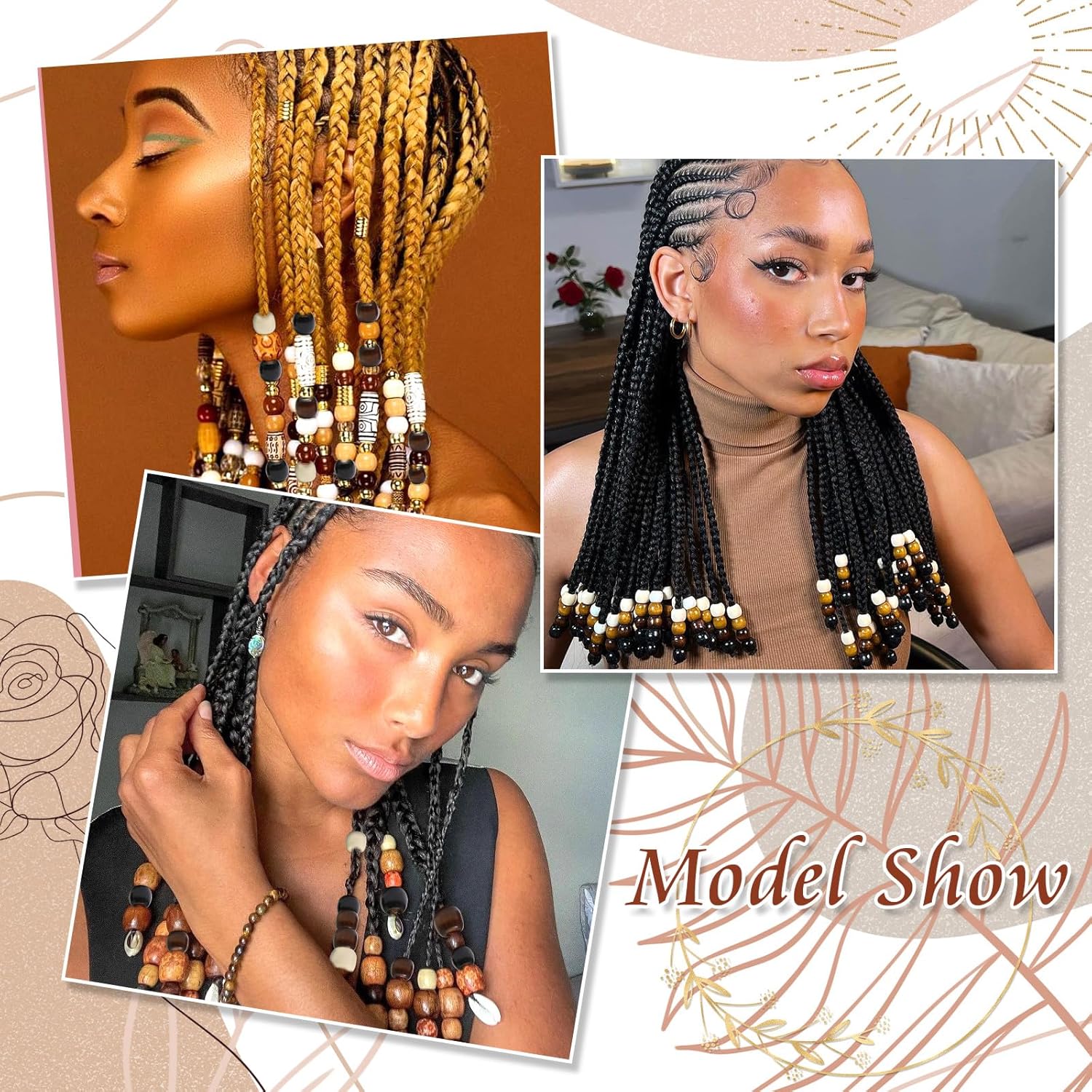 NAISKA 60Pcs Wooden Hair Beads for Braid 5 Color Natural Wood Bead Loc Dreadlock Accessories Hair Tube Cute Braids Decoration Jewelry Making Braid Clips for Women and Men - Image 7