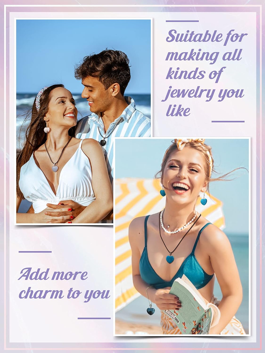 Hicarer 50 Pieces Heart Shaped Stone Pendants Charms Stone Necklaces Beads with Faux Leather Cord for Jewelry Crafts Making Supplies