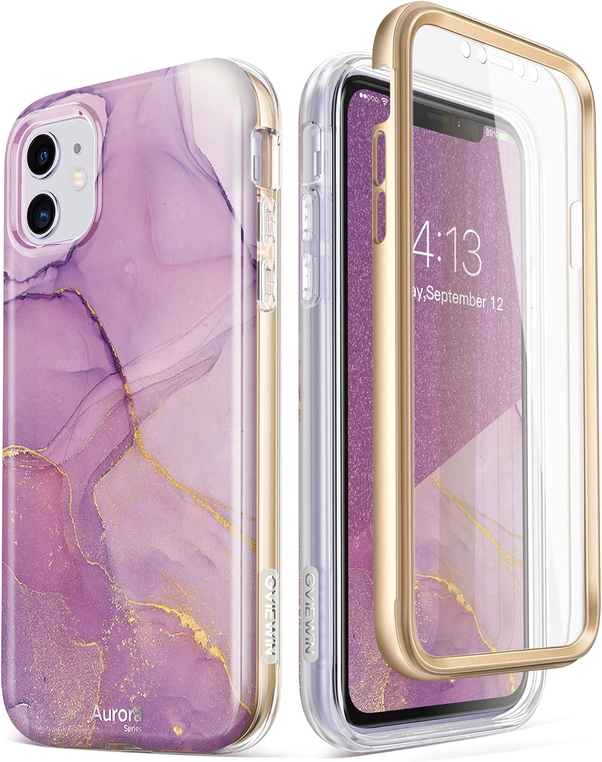 GVIEWIN Designed for iPhone 11 Case 6.1 Inch, [Built-in Screen Protector] [Full-Body Protection] Stylish Marble Shockproof Protective Phone Case Slim Thin Cover (2019 Release) (Romantic Purple)