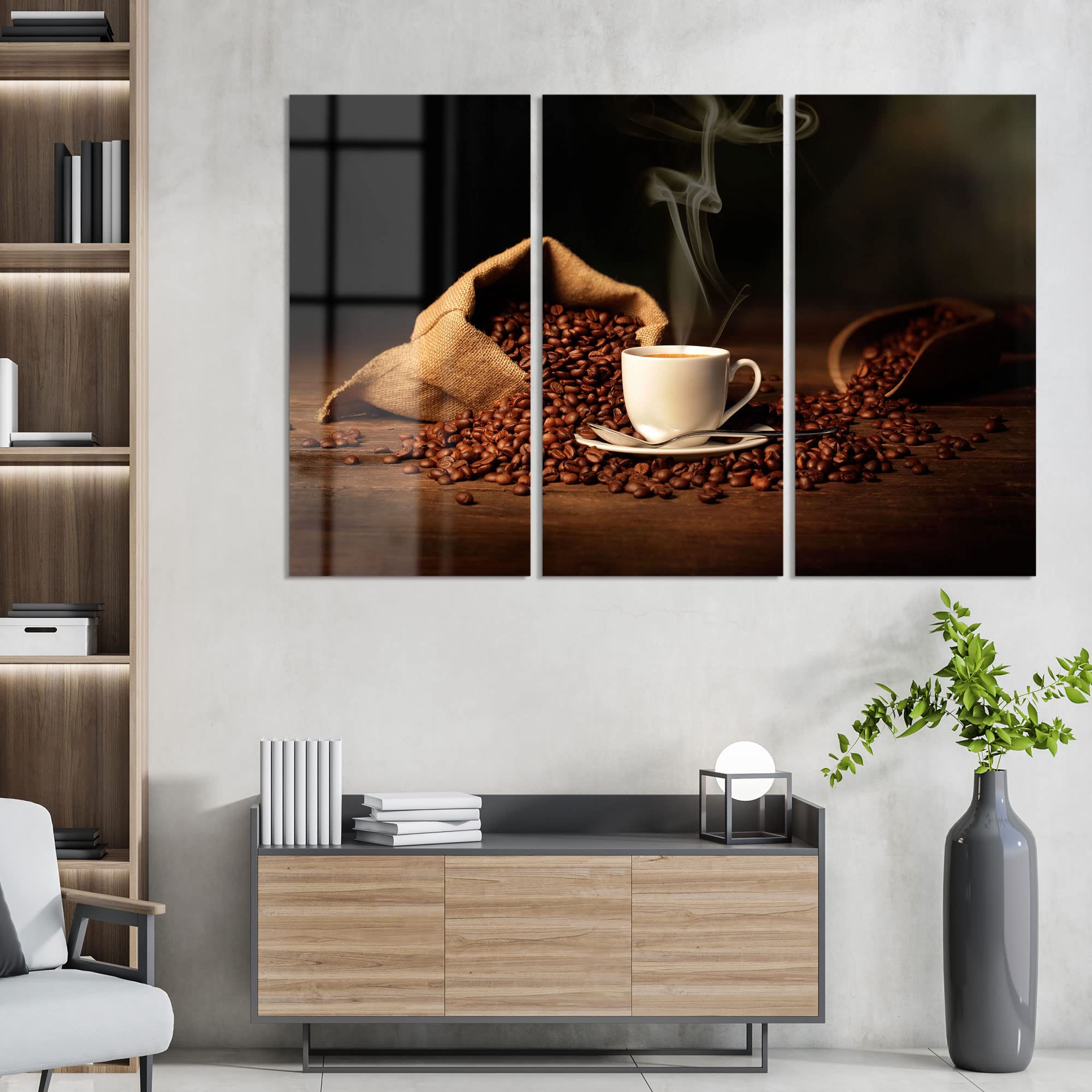 DEQORI Obrazy na szkle z prawdziwego szkła, motyw filiżanki do kawy z fasolami, poziomy, 3-częściowy, 150 x 100 cm, duża dekoracja XXL, obrazy ścienne do salonu, sypialni, przedpokoju i kuchni, nowoczesna dekoracja ścienna