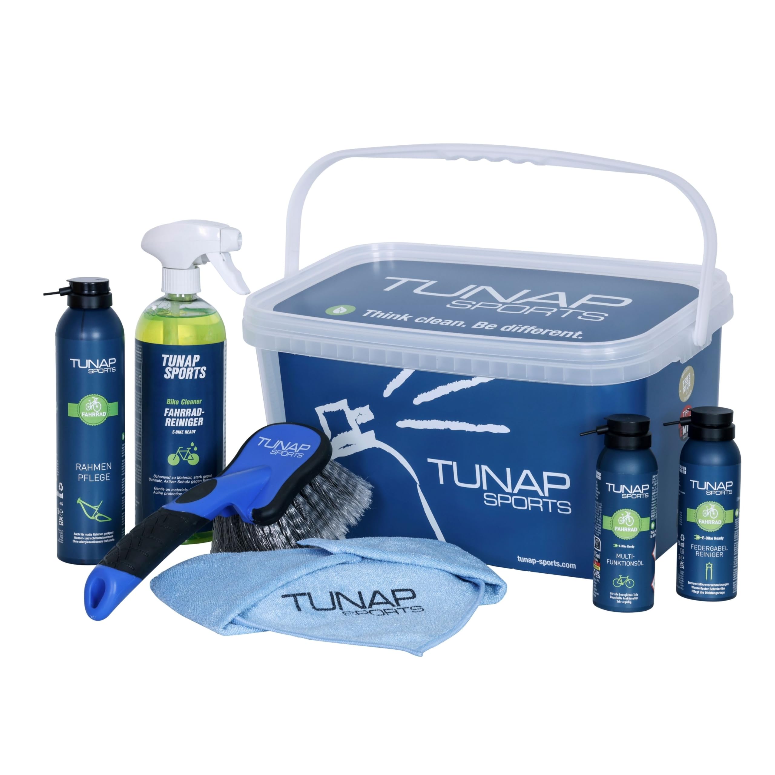 TUNAP SPORTS Bike-Pflege-Set | Komplettes Pflegeset für Reinigung & Wartung | Inkl. Federgabel- & Fahrradreiniger sowie Multifunktionsöl & Rahmenpflege | Mikrofasertuch & Bürste | Made in Germany