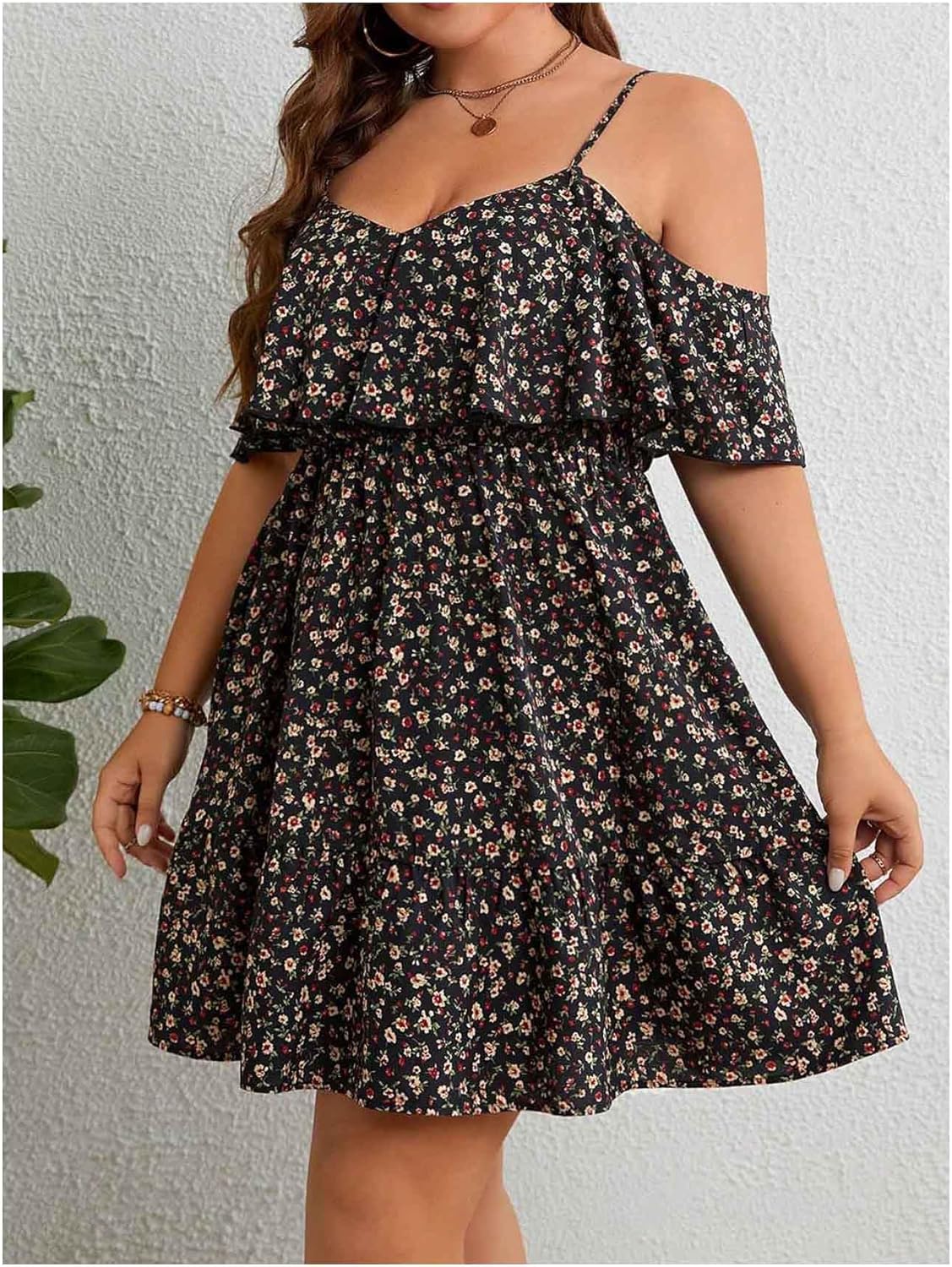 Verdusa Women's Plus Size Cold Shoulder Floral Boho Dresses Ruffle Layered Flowy Dress - Image 2