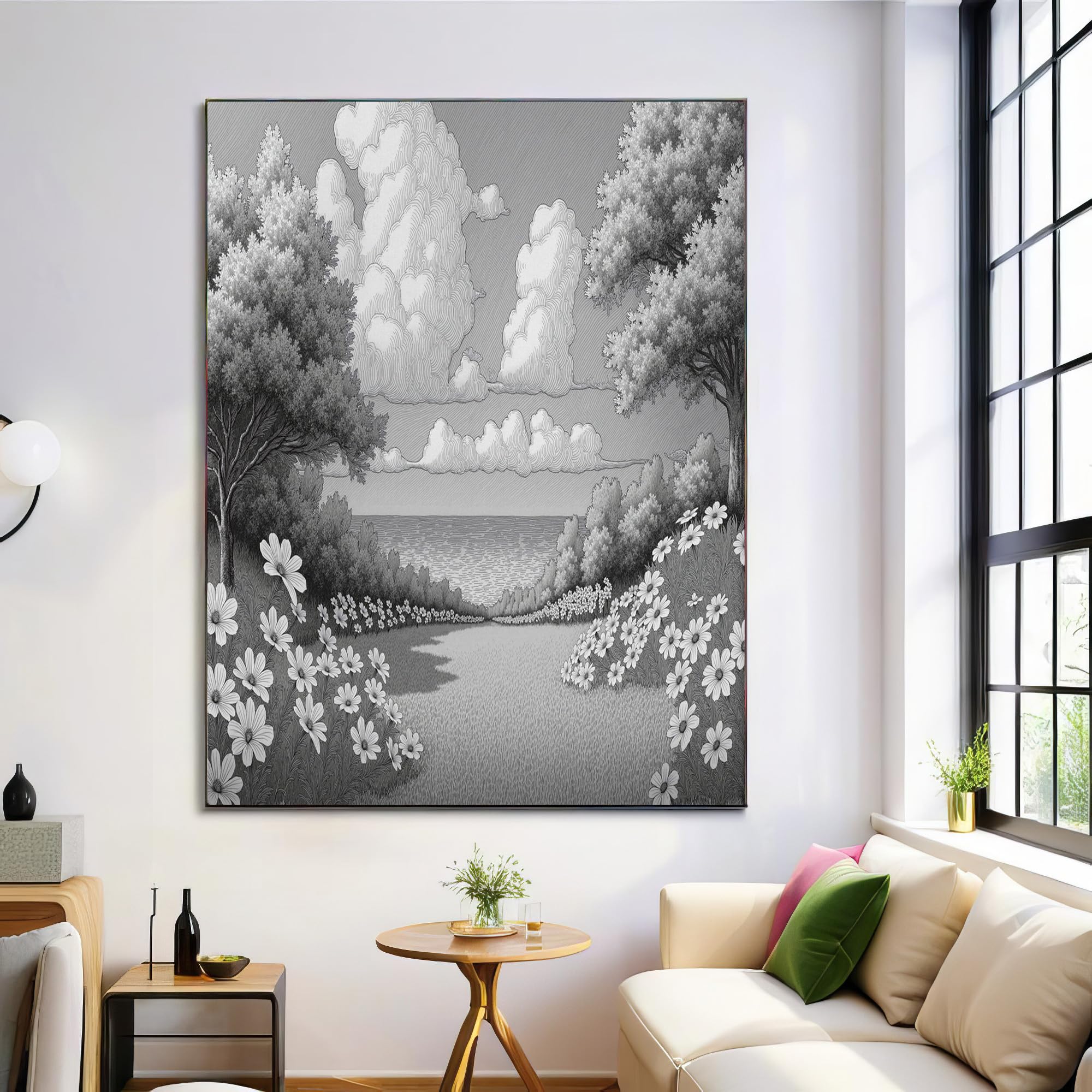 GDJSMIN Arte Murale Alberi Fiori E Motivo Marino, Decorazione Da Parete Per Bagno Schizzo Giardino Paesaggistico, Arte Murale Grigio Chiaro Su Tela Per Camera Da Letto Bagno 80×120 Cm Senza Cornice