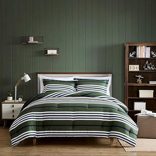 Nautica - Queen Comforter Set, Soft & Reversible Coastal Bedding with Matching Pillowcase, Nautical Striped Bed Set, Uphaul Stripe/Solid Green