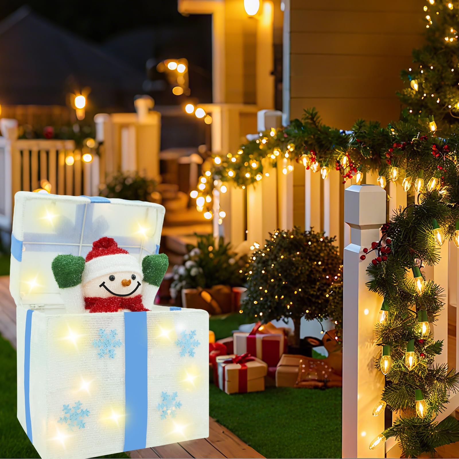 Boîte cadeau en forme de bonhomme de neige animé, blanc, boîte pop-up de Noël, boîte décorative en forme de flocon de neige, avec 20 lumières scintillantes, pour décoration de vacances