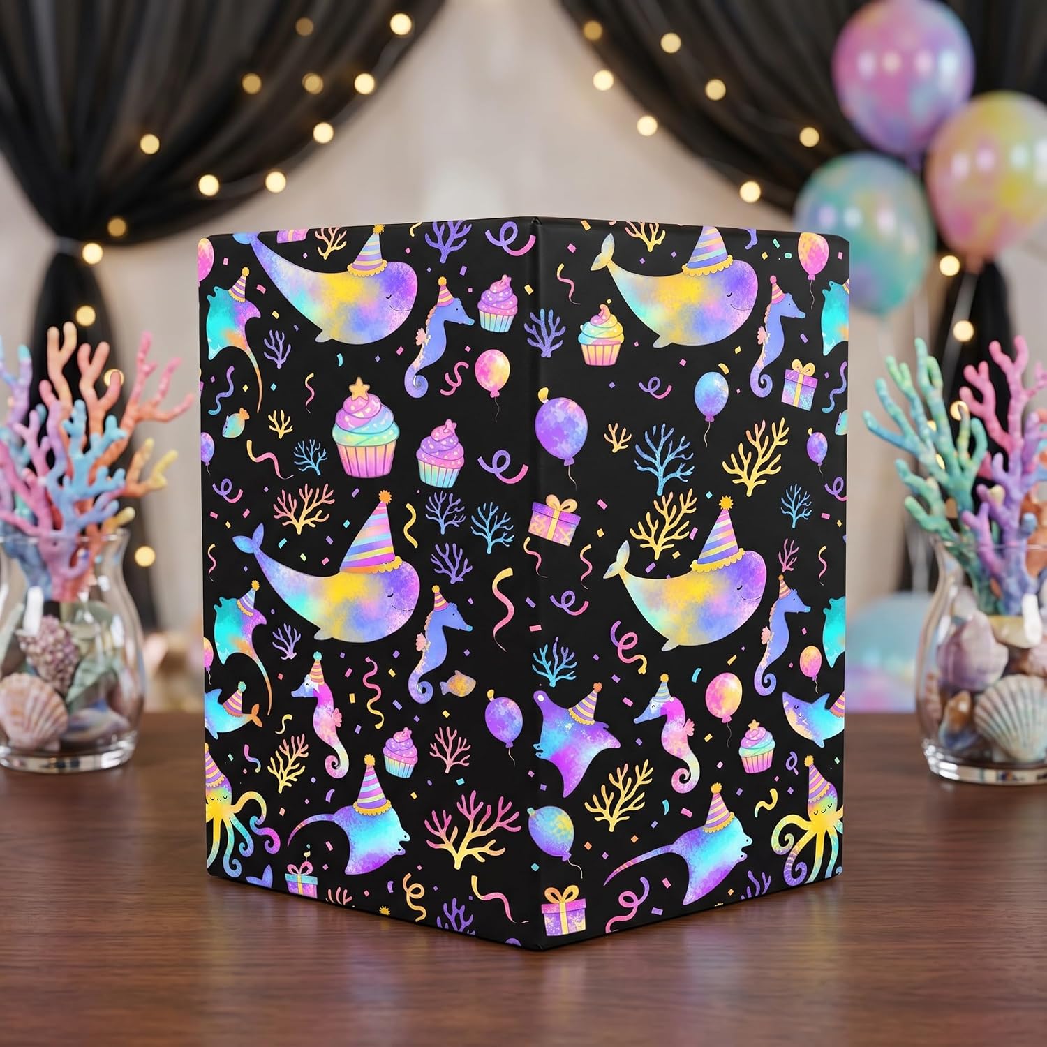Vnaaem Ocean Birthday Wrapping Paper Roll - Rainbow Design Gift Wrap with Whales, Octopus, Seahorse for Summer Holiday Parties Baby Shower Xmas DIY Craft(Total 28.5 sq.ft) image 4