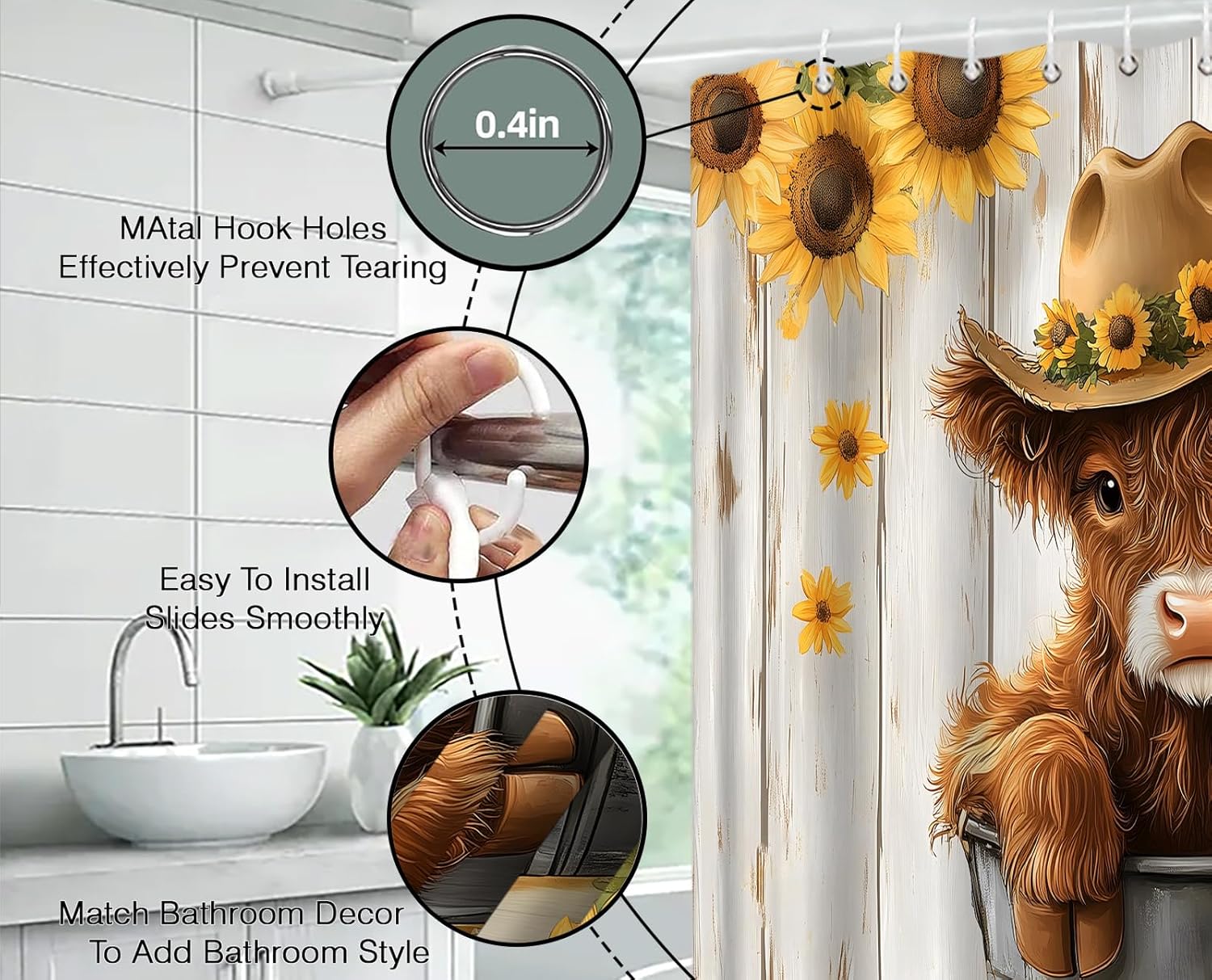 Highland Cow Sunflower Extra Long Shower Curtain,Cute Cattle Flower Wooden Western Rustic Animal Yellow Brown Bathroom Home Curtain Decor with Hooks,70x78 Inch