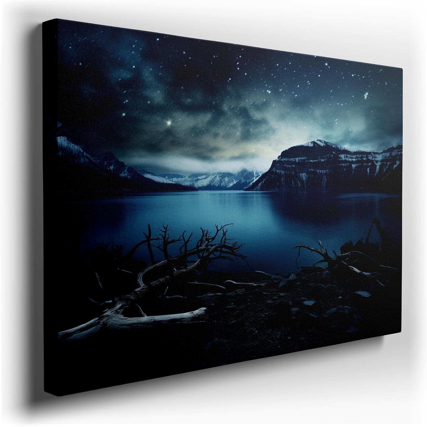 Canvas for Living room. Moonlight Serenity: A Starlit Embrace by the Mountain Lake, 27 x 18 inch Canvas Wall Art - Surrealistic Visions - Modern Home Decor