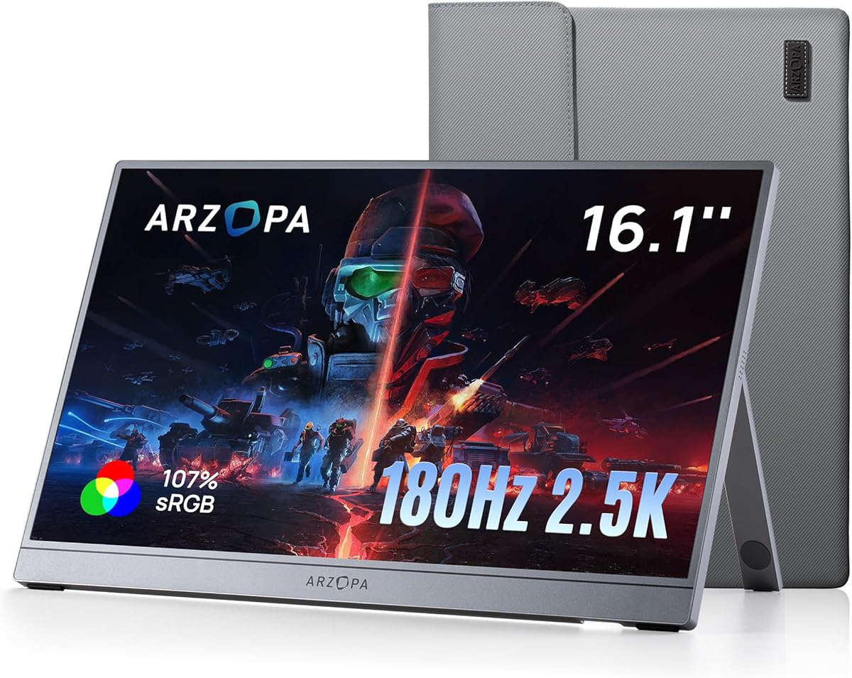 ARZOPA 16,1" Tragbarer Monitor 2,5K 180 Hz Gaming Portable QHD 2560×1440 107% sRGB HDR10 Design mit integrierter Ständer-Funktion & Schutzhülle Kompatibel mit PS5, Xbox, Switch, PC, Mac-Z3FC Grau