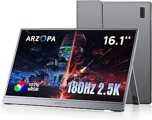 ARZOPA 16,1" Tragbarer Monitor 2,5K 180 Hz Gaming Portable QHD 2560×1440 107% sRGB HDR10 Design mit integrierter Ständer-Funktion & Schutzhülle Kompatibel mit PS5, Xbox, Switch, PC, Mac-Z3FC Grau